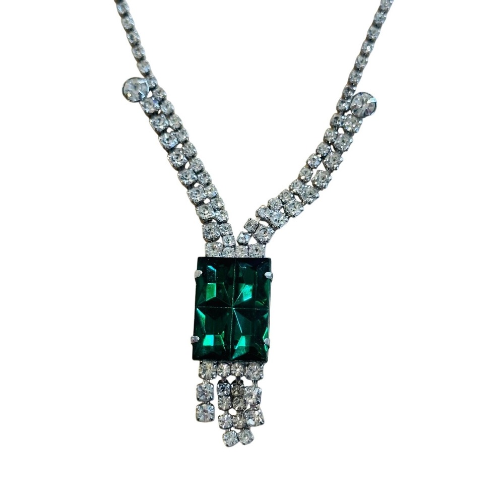 VTG Art Deco necklace Rhinestone Emerald Colored Y-Drop Silver Choker‎ Sparkly